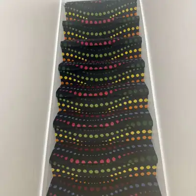 Colorful dot-pattern carpet runner installed on a staircase